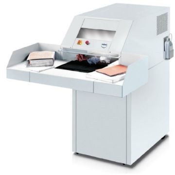 A white MBM Destroyit 4108 Level P-3 High Capacity Cross-Cut Paper Shredder designed for heavy-duty document shredding, featuring a spacious feeding table and advanced safety features.