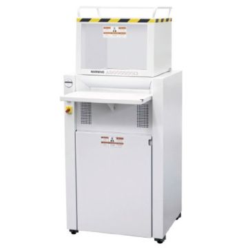 Front view of the MBM DestroyIt 4606 Level P-5 Cross-Cut High Capacity Paper Shredder, showcasing its robust design and industrial shredding capabilities.
