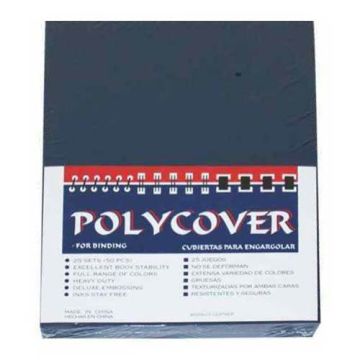 A stack of Navy Leather Grain Poly Covers for binding, featuring a textured blue finish and sturdy construction.