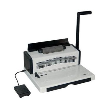 Tamerica Optimus-46i 4:1 Pitch Coil Binding Machine with a foot pedal and manual lever.