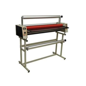 A Pro-Lam 44" Wide Format Heated Roll Laminator, featuring a sturdy metal frame, red rollers, and control panel for large-scale lamination tasks.