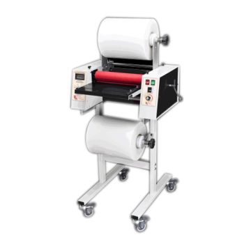 Pro-Lam Pocket Rocket 12" High Performance Roll Laminator on a wheeled stand with dual film rolls and digital control panel.