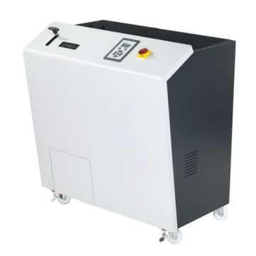 Side view of the Proton 104 Multimedia Shredder, a sleek and durable device designed for securely destroying digital storage media.