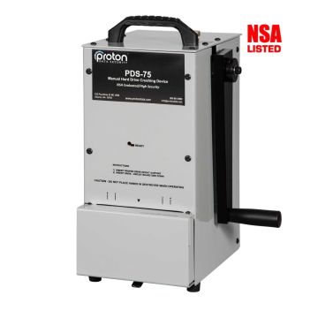 The Proton PDS-75 Manual Hard Drive Crusher, a high-security, NSA-listed device designed for physically destroying hard drives.