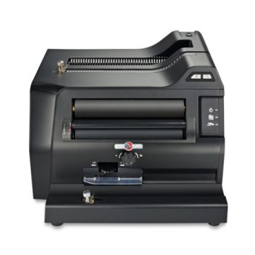 A Rhin-O-Tuff 3000 Desktop Electric Coil Binding Machine, featuring a compact, black design with a coil binding mechanism and control buttons on the side.