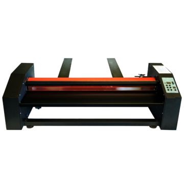 A Smooth Mount 27" Pouch Board Roll Laminator featuring a sleek black design with a control panel on the side and a wide laminating roller in the center.