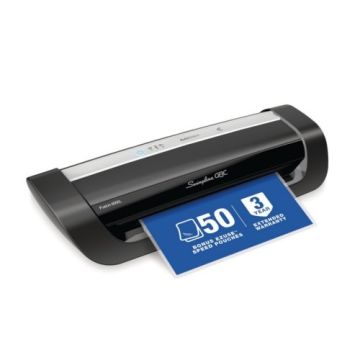 Swingline GBC Fusion 6000L 12" Thermal Pouch Laminator in use, laminating a blue sheet displaying product details and warranty information.