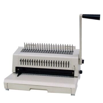 A Tamerica 213PB Plastic Comb 3-Hole Punch Binding Machine with a manual lever on the side, featuring a sturdy design in a light gray color, used for binding and punching holes in documents.