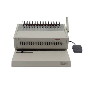A Tamerica 240EPB Heavy Duty Electric Comb Binding Machine, featuring a gray rectangular design with a comb binding mechanism on top, a manual lever on the side, and a foot pedal attached for hands-free operation.