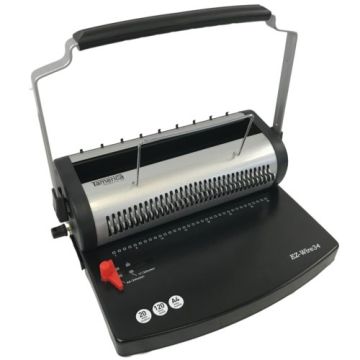 The Tamerica EZ-Wire 34 Manual 3:1 Wire Punch and Bind Machine, featuring a sturdy black base with a silver punching mechanism and a handle for manual operation.