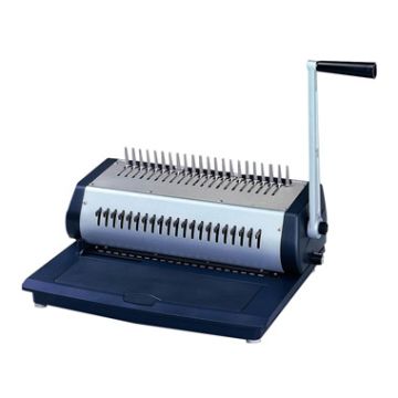The Tamerica TCC2100 Manual Plastic Comb Binding Machine, featuring a sleek black and silver design with a sturdy handle for manual operation.