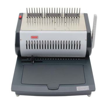 The Tamerica TCC2100E Electric Plastic Comb Binding Machine, featuring its compact design with metal combs on the top and a wide base for secure document binding.