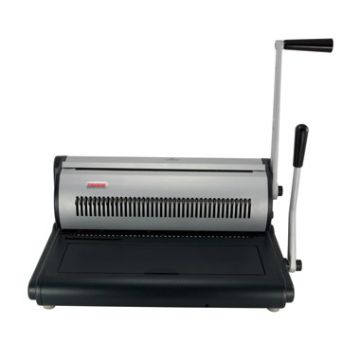 A Tamerica TW2100 2:1 Pitch Twin Loop Wire Binding Machine with a manual handle, designed for binding documents with precision.