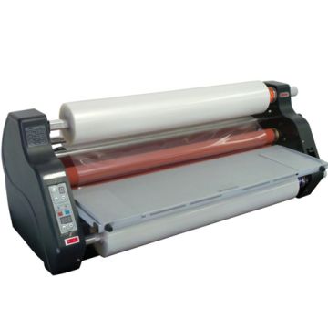 A Tamerica TCC 2700 27" Roll Laminator with large rolls of lamination film loaded and a digital control panel on the side.