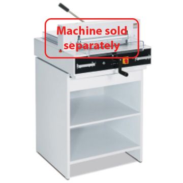 MBM Triumph Cabinet for 4205, 4215, 4250, 4300, 4305, 4315, and 4350 Cutters, featuring a white storage cabinet with two open shelves and a mounted cutting machine labeled "Machine sold separately".