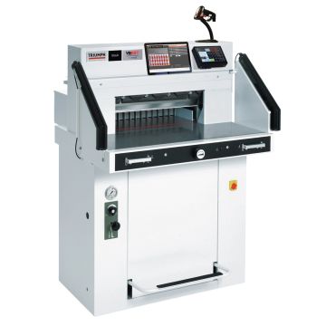 A Triumph 5560 LT 21-5/8" Programmable Hydraulic Paper Cutter with Air Tables and VRCut Software, featuring dual screens and precision cutting blades.