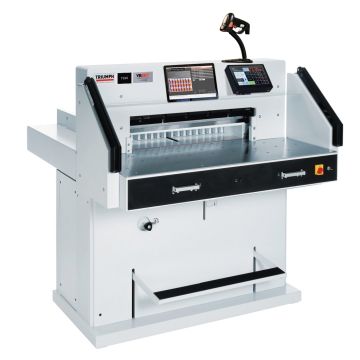 A Triumph 7260 28" Automatic Programmable Hydraulic Paper Cutter with VRCut Software, featuring a sleek design with digital controls and a cutting blade for precision paper trimming.