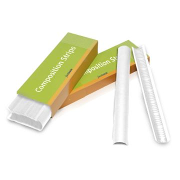 Packaging and individual samples of White 11" Fastback Composition Strips are displayed, featuring green and orange boxes alongside smooth, curved white strips.