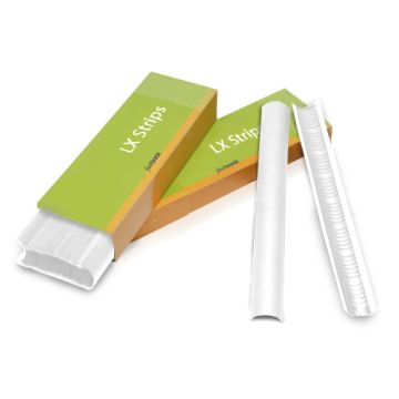 A set of green and orange boxes labeled "White 11" Fastback LX Strips" with white binding strips partially exposed and displayed alongside them.