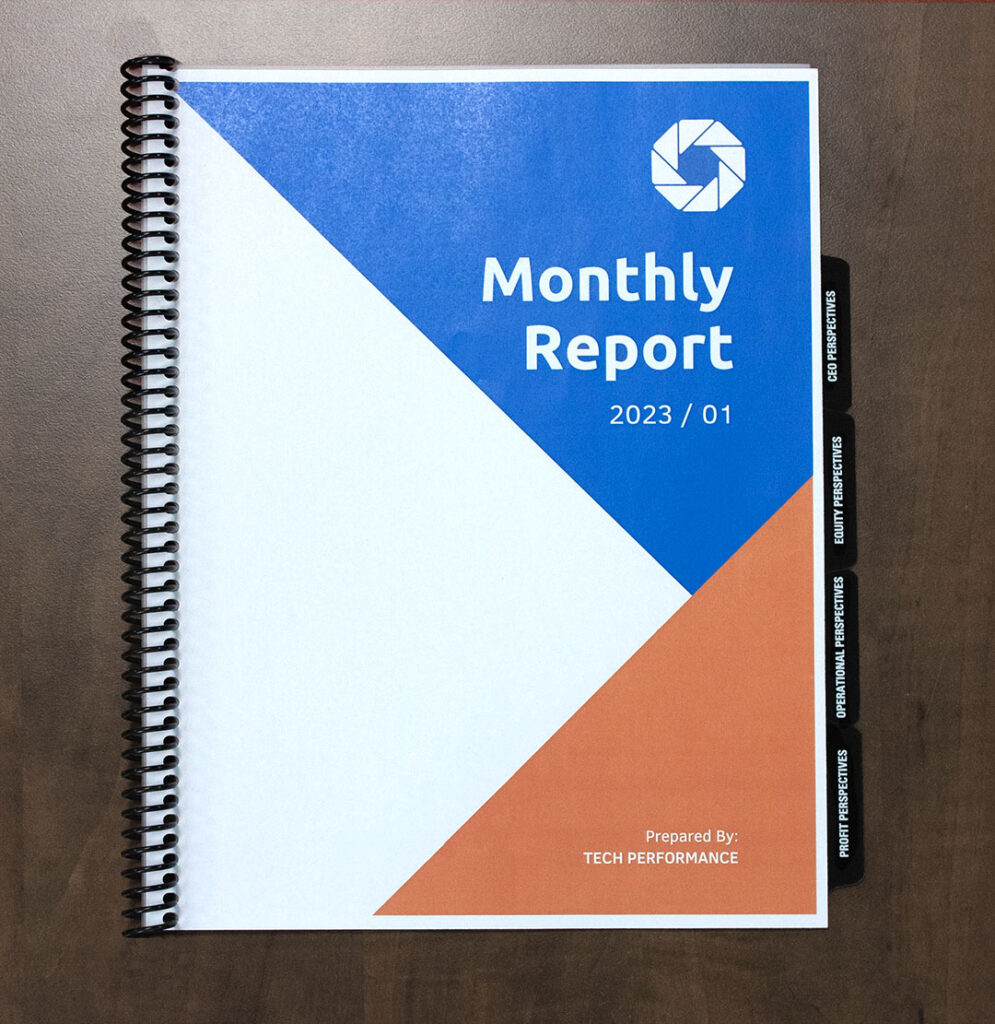 A coil bound monthly report by a company called Tech Performance