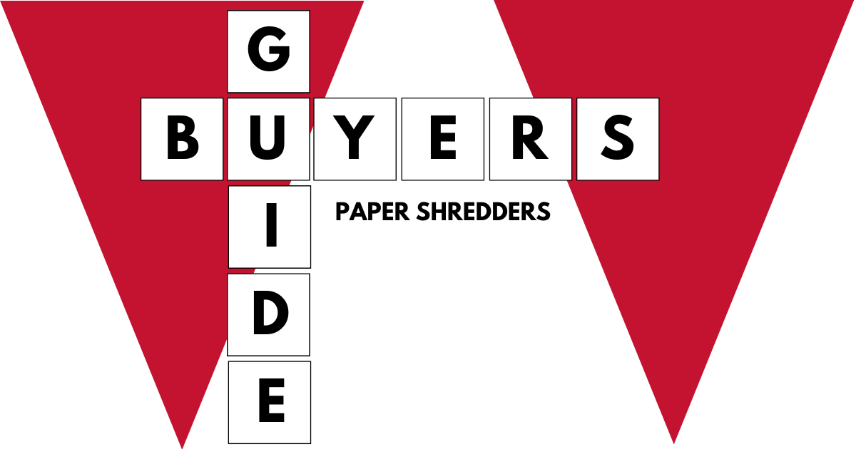 A crossword-inspired layout designed for the Buyer's Guide to Paper Shredders with two red triangular banners on the background