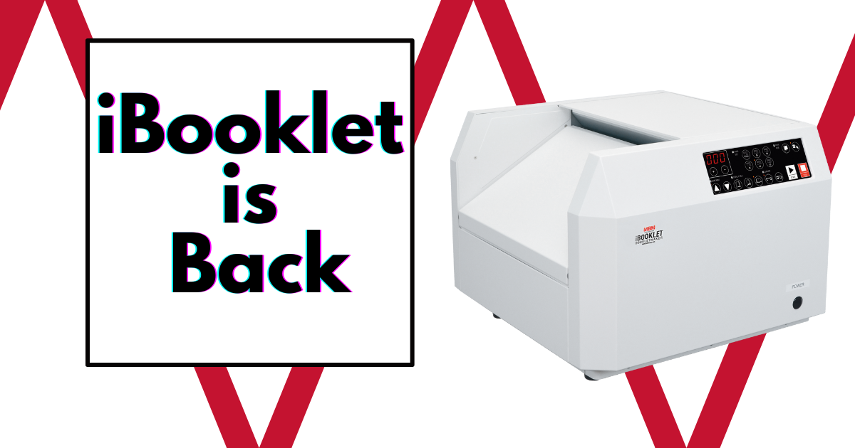 An image of iBooklet machine with prominent lettering declaring "iBooklet is back."
