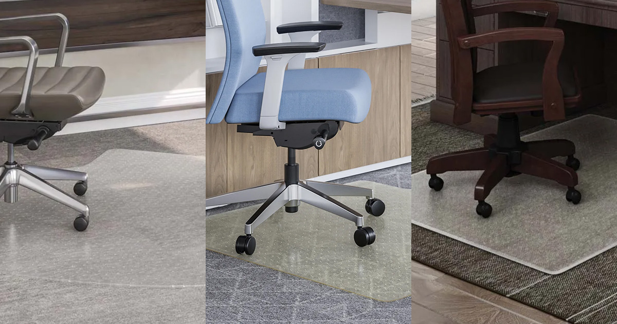 Three different chair mats being compared with three different chairs.