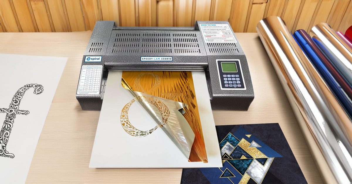 Gold foil lamination on a desktop laminator.