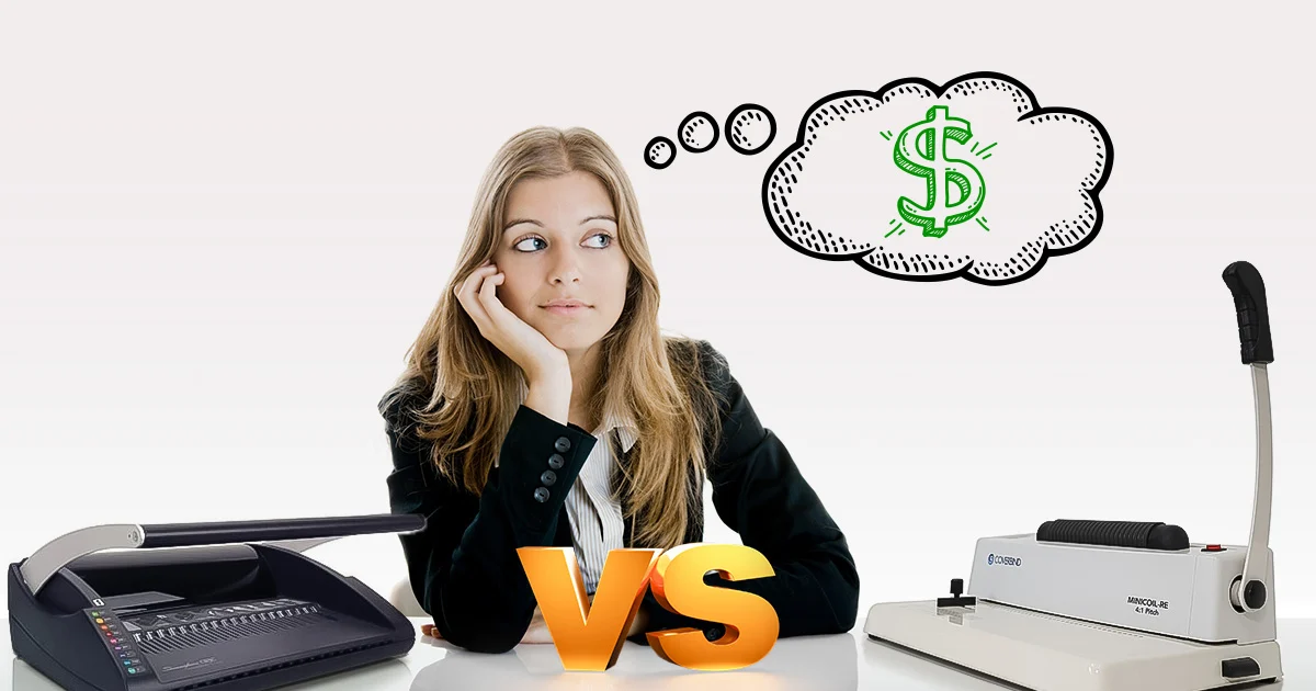 A woman is evaluating whether comb binding or spiral binding would be more cost-effective for her needs.