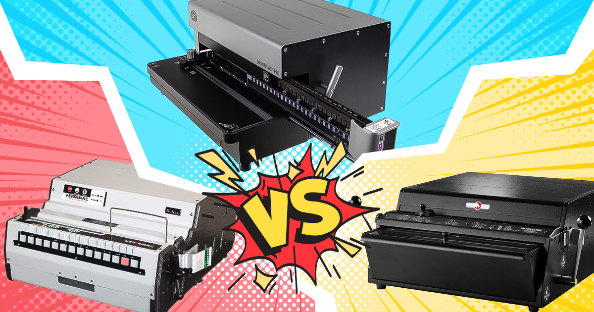 A comic book-style illustration featuring the clash between Rhin-O-Tuff, GBC, and Akiles binding machines