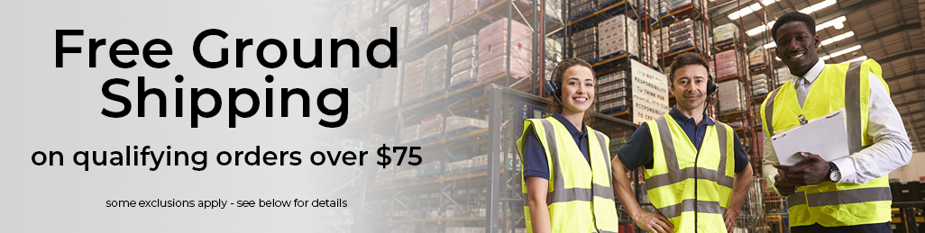 Team in MyBinding warehouse next to verbiage free shipping on qualifying orders over $75.