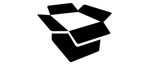 Black silhouette of an open cardboard box with flaps spread outward, representing top-selling government SKUs in stock and ready for shipment.