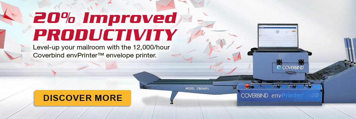 Showing a banner with caption '20 Percent Improved Productivity' with an image of envPrinter on a clean room with envelopes flying off comming from envPrinter.