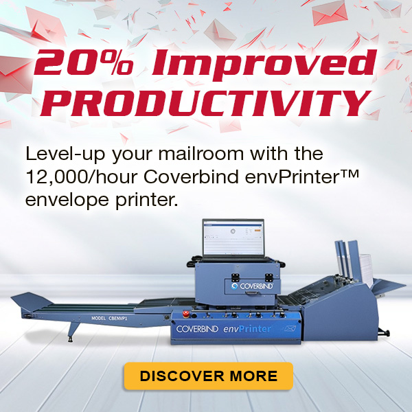 Showing a banner with caption '20 Percent Improved Productivity' with an image of envPrinter on a clean room with envelopes flying off comming from envPrinter.
