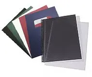 A variety of colorful binding covers, including spiral-bound and clear options, are arranged in a fan shape.