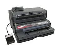 An Akiles CoilMac EX Pro Binding Machine with a foot pedal, designed for professional coil binding.