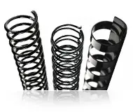 Three different types of binding spines in a row, showcasing plastic comb, spiral coil and twin-loop wire.
