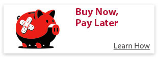 Piggy bank with a bandage sitting on a calculator, representing the concept of 'Buy Now, Pay Later'.